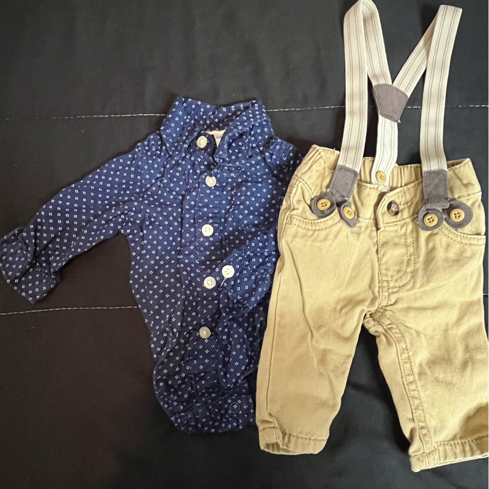 NEWBORN BABY BOY TWO PIECE BUTTON UP OUTFIT WITH SUSPENDERS